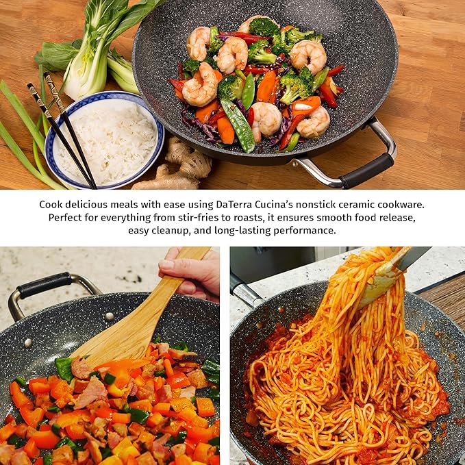 DaTerra Cucina - 13" Nonstick Ceramic Wok with Lid - Made in Italy - High Heat Resistant Nonstick Cookware - Oven Safe, PTFE, Cadmium, Lead & PFOA free - Volcanic Black Speckled