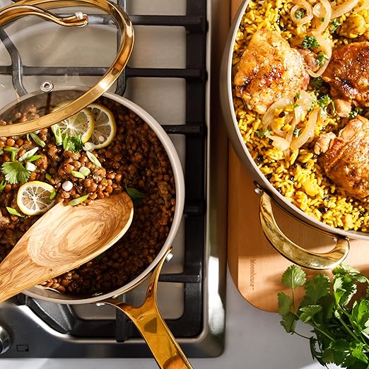 Bloomhouse - Two Time Oprah's Favorite Things Winner - 15 Piece Pots and Pans Heavy Duty Aluminum Premium PFA Free Ceramic Nonstick Dutch Oven Pot with Lid - Cappuccino Cream with Gold Handle