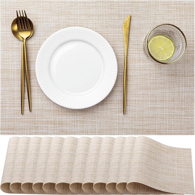 LEXMORE PVC Woven Placemats 12 PCS Wipeable Indoor/Outdoor Table Mats Washable Vinyl Place Mat for Dining Table, Set of 12-Beige White