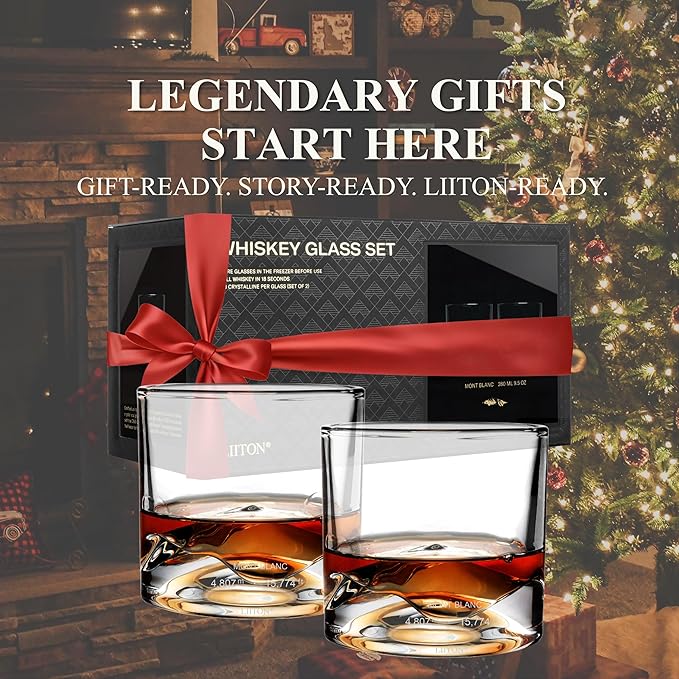 LIITON Mont Blanc Heavy Crystal Whiskey Glasses Gift Set of 2, Thick Freezable Bourbon Glass 1lb Each, Premium Whiskey Gifts for Men, Frozen Crystal Chills Cocktails, 10 oz
