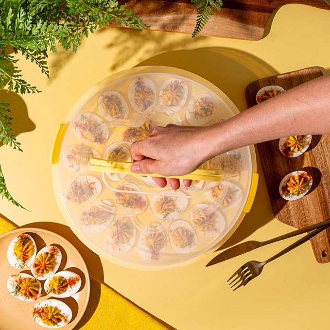 Classy Deviled Egg Carrier with Lid & Handles - Portable Egg Tray Platter for Holidays & Parties - Dishwasher-Friendly - Yellow