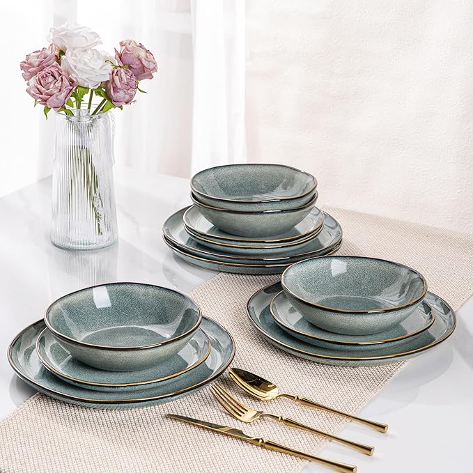 AmorArc Ceramic Dinnerware Sets,Handmade Reactive Glaze Stoneware Plates and Bowls Sets,Highly Scratch Resistant | Dishwasher & Microwave Safe Dishes Set,Service for 8 (24pc)