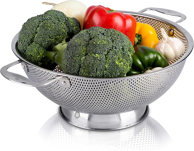 Stainless Steel Micro-Perforated 5-Quart Colander - Professional Strainer with Heavy Duty Handles and Self-draining Solid Ring Base - Dishwasher Safe