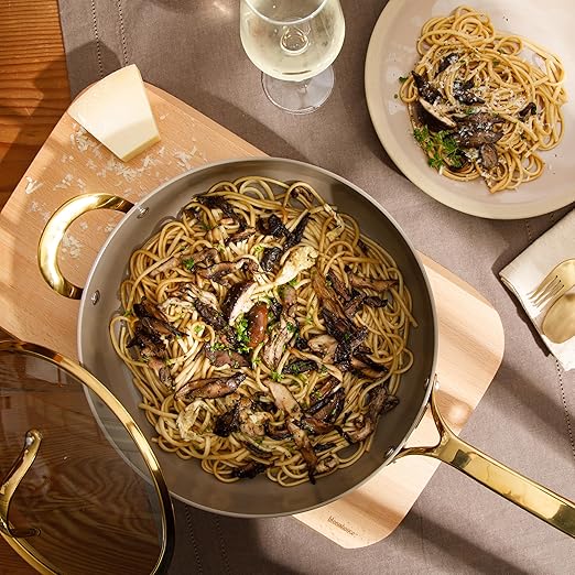 Bloomhouse - Two Time Oprah's Favorite Things Winner - 6 QT Heavy Duty Aluminum Premium PFA Free Ceramic Nonstick Saute/Deep Frying Pan Skillet with Lid - Cappuccino Cream with Gold Handle