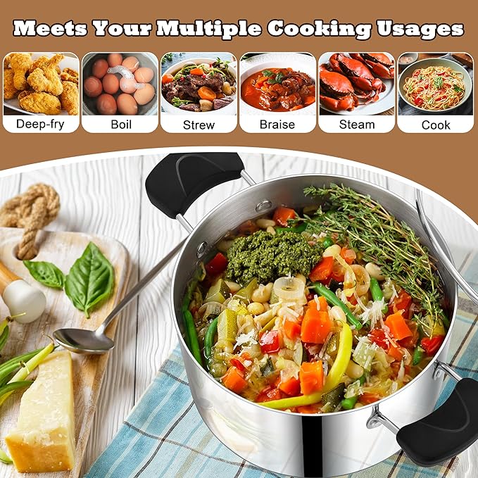 8 Quart 3-Ply Cooking Stock Pot with Lid, P&P CHEF Stainless Steel Large Pot for Pasta Soup, Work on Multi Stove, Heavy Duty & Dishwasher Safe, Dual Heat-resistant Handles & Visible Lid