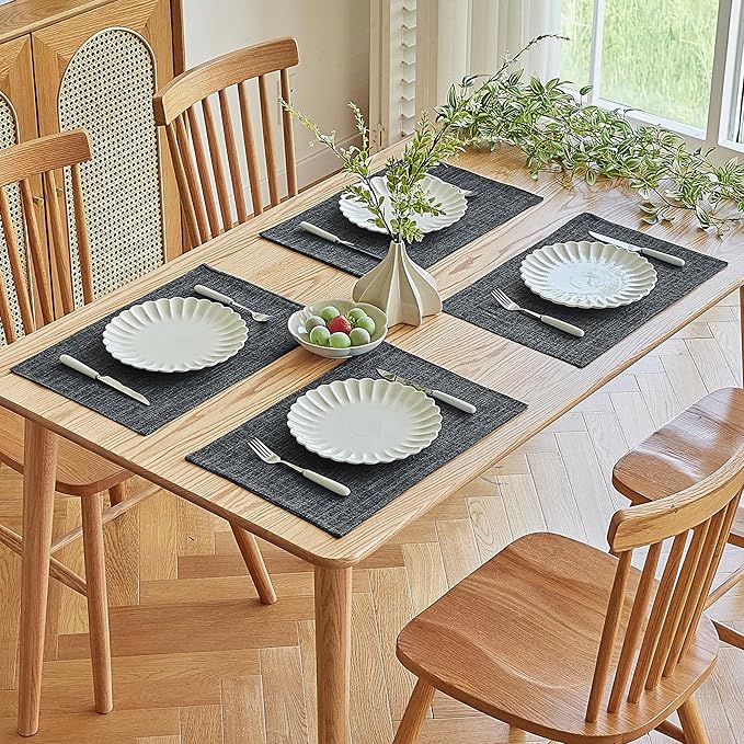 Softalker Faux Linen Placemats Set of 4-12 x 18 Inch, Heat Resistant Double Layered Durable Burlap Farmhouse Place Mats, Non-Slip Washable Rustic Table Mats for Dining, Kitchen, Party（Dark Grey
