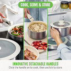 GreenLife Stainless Steel Nonstick 10 Piece Cookware Set, Detachable Handle, Induction Ready, Stackable Kitchen Set, Tri Ply Ceramic PFAS Free Pots & Pans, Space Saving, Oven Safe, Glass Lid, Silver