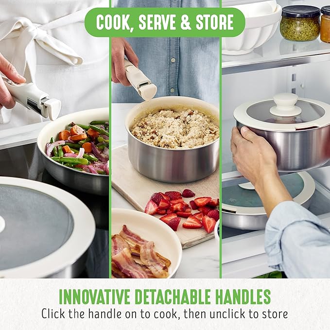 GreenLife Stainless Steel Nonstick 10 Piece Cookware Set, Detachable Handle, Induction Ready, Stackable Kitchen Set, Tri Ply Ceramic PFAS Free Pots & Pans, Space Saving, Oven Safe, Glass Lid, Silver