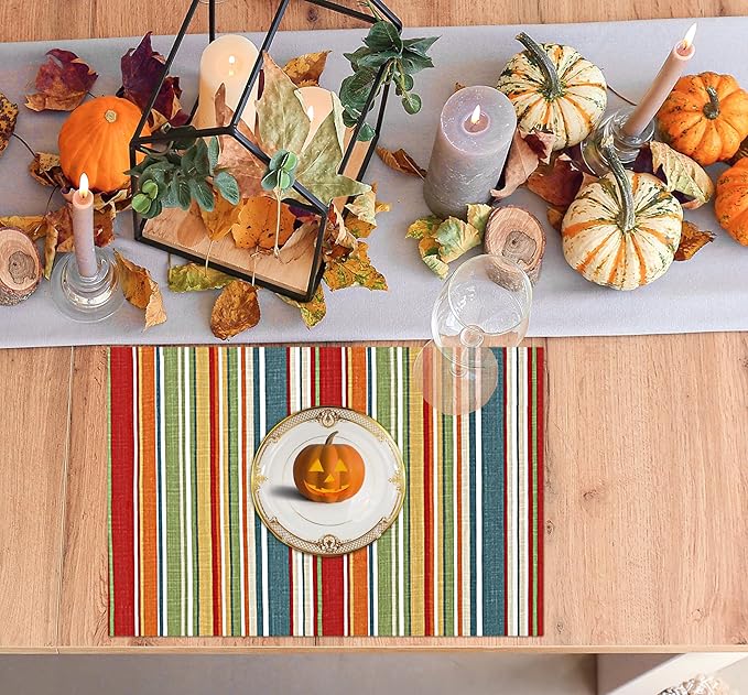 Ruvanti Placemats 100% Cotton 13x19 Inch, Dining Table Placemats Set of 6, Place Mats for Dining Table Decor, Kitchen & Table Linens, Coffee Mat for Christmas Dinners - Multi Stripe