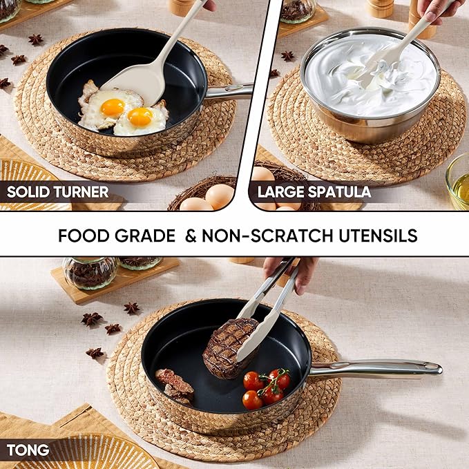 Herogo Silicone Cooking Utensils Set, 7-Piece Kitchen Utensils Set, Heat Resistant Cooking Gadget Tools Slotted Turner, Spoon, Soup Ladle, Pasta Server, Spatula, Tongs for Nonstick Cookware, Khaki
