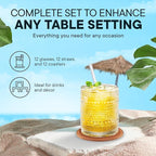 12 OZ Hobnail Drinking Set of 12 – Vintage Embossed Glassware, Textured Tumblers for Water, Beer, Cocktails, Mocktails, Whiskey & More – Includes Straws and Coasters – Clear