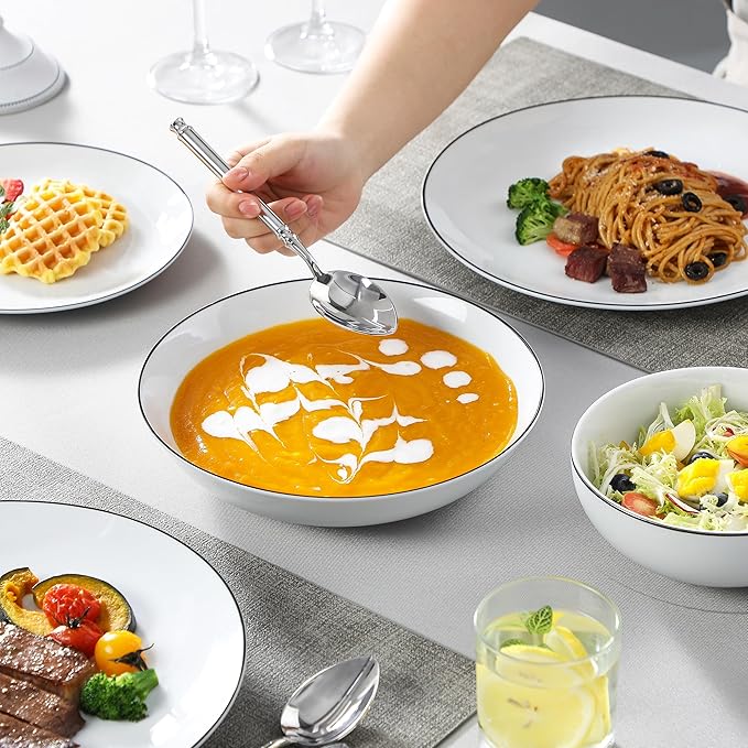 MALACASA 24-Piece Gourmet Porcelain Dinnerware Sets, Modern White with Black Rim Round Dish Set for 6 - Premium Serving Plates and Bowls Sets for Dessert, Salad, Soup, Pasta - Series AMELIA