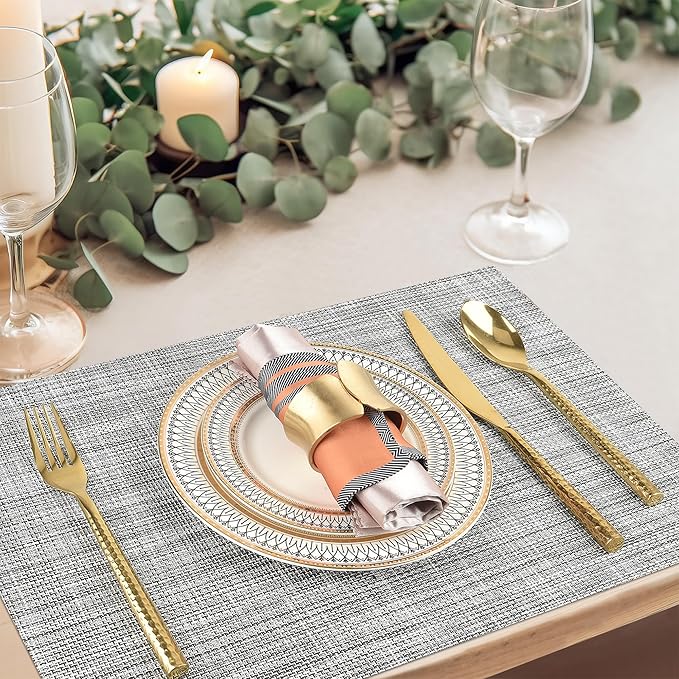 Placemats Set of 8 - Easy Clean Washable Vinyl Placemats - Wipeable Heat Resistant Table Mats for Dining Table - 17.7x11.8 Inch (8, Black & White Two-Tone)