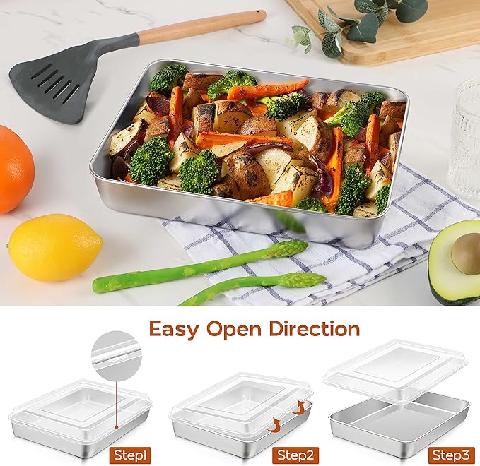 10⅜ x 8⅛ x 2 Inch Baking Pan with Lid, 2 Pack Stainless Steel Lasagna Rectangular Cake Pan, Non Toxic & Healthy