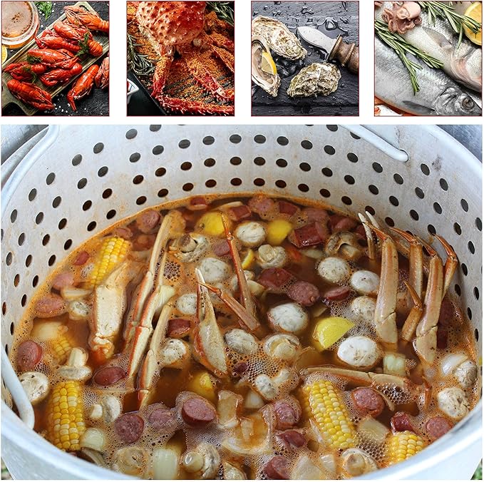 Creole Feast SBK0801 80 Qt Seafood Boiling Kit with Strainer, Outdoor Seafood Boil Pot and Basket with 100,000 BTUs Propane Burner and 10 PSI Regulator, Black & Silver