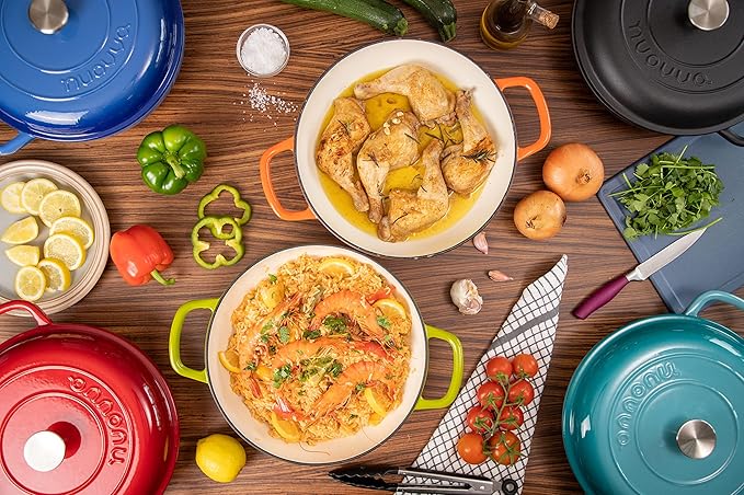 Cast Iron Dutch Oven with Lid – Non Stick Shallow Dutch Oven Pot, Oven Safe up to 500° F – Sturdy Cooking Pot – Enamelled Stockpot Cookware – Dark Blue, 3.7-Quart, 30cm – by Nuovva