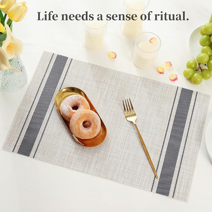 Leetaltree Khaki-Blue Placemats, Heat Resistant Non-Slip Place mats for Dining Table, Washable Durable PVC Vinyl Woven Table Mats (Set of 12)