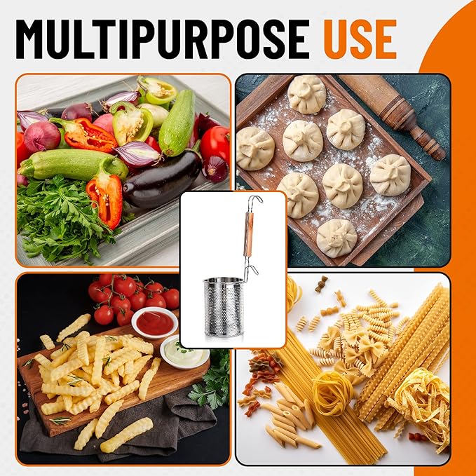 1 Pack Pasta Basket, Stainless Steel Mesh Noodle Strainer Basket with Wooden Handle, for Boiling Food, Pasta, Noodles, Dumpling, Ramen, 4.3''D x 5.7''H