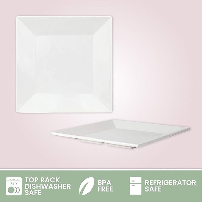 [4 Pack 10" x 10" White Square Melamine Plates, Unbreakable Elegant Dinnerware Set With Sauce Dish