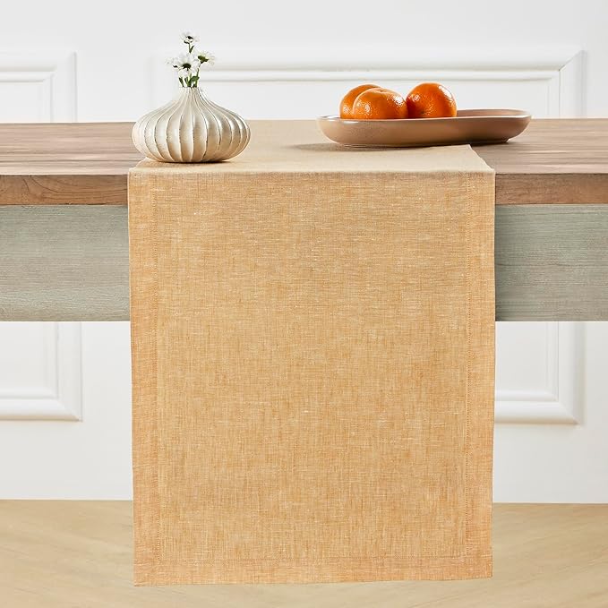 Solino Home Linen Table Runner 90 Inches Long - Athena, 100% Pure Linen Golden Nugget Dining Table Runner 14 x 90 Inch for Summer, Fall, Autumn
