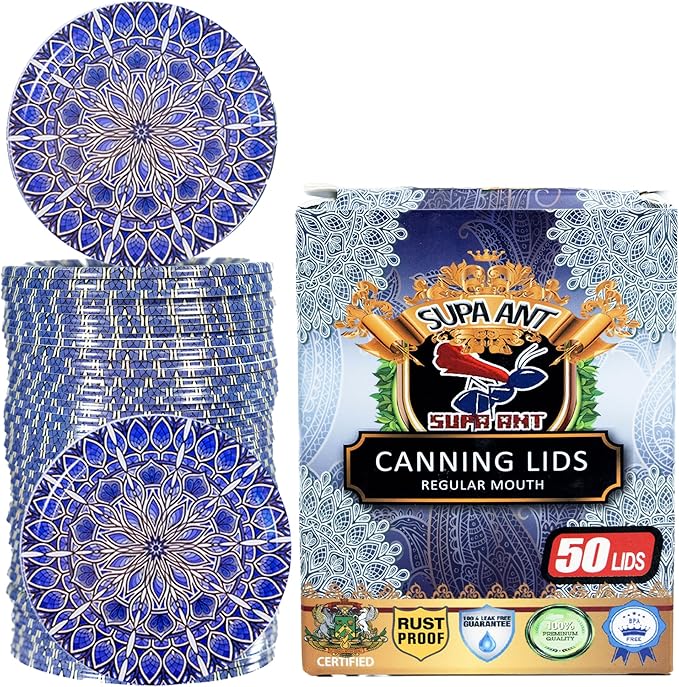 Supa Ant Thickest Canning Lids Regular Mouth (50 Pcs.) Food Grade Tin Can Lids for Canned Food - Buckle Proof & Rust Proof Lid for Canning Kit for Regular Mouth Mason Jars (Blue) Canning Supplies