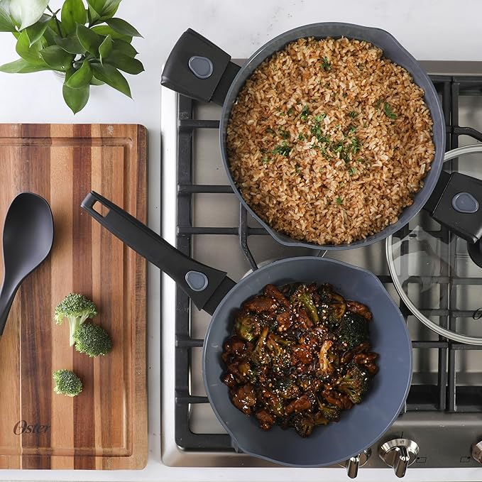 Oster SmartHandle Advance 13-Piece Ceramic Nonstick Cookware Set – Matte Black Finish, Gray Interior, Induction Base, Detachable Handles, Oven & Dishwasher Safe, With Utensils & Pan Protectors