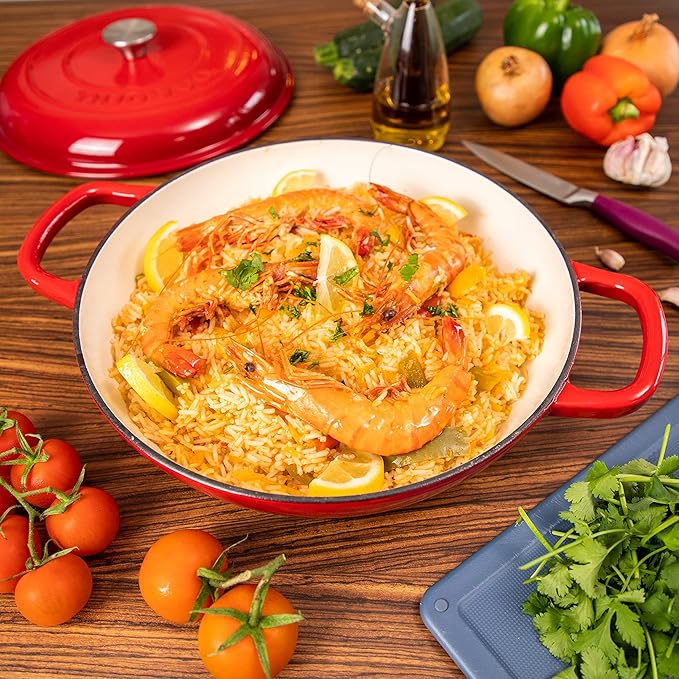 Cast Iron Dutch Oven with Lid – Non Stick Shallow Dutch Oven Pot, Oven Safe up to 500° F – Sturdy Cooking Pot – Enamelled Stockpot Cookware – Red, 3.7-Quart, 30cm – by Nuovva