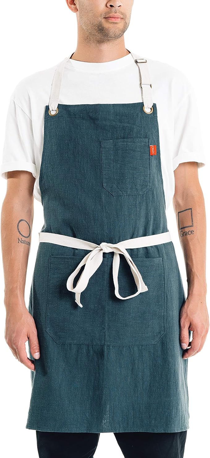 Caldo Linen Kitchen Apron - Mens and Womens Linen Bib Apron - Adjustable with Pockets (Spruce)