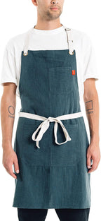 Caldo Linen Kitchen Apron - Mens and Womens Linen Bib Apron - Adjustable with Pockets (Spruce)