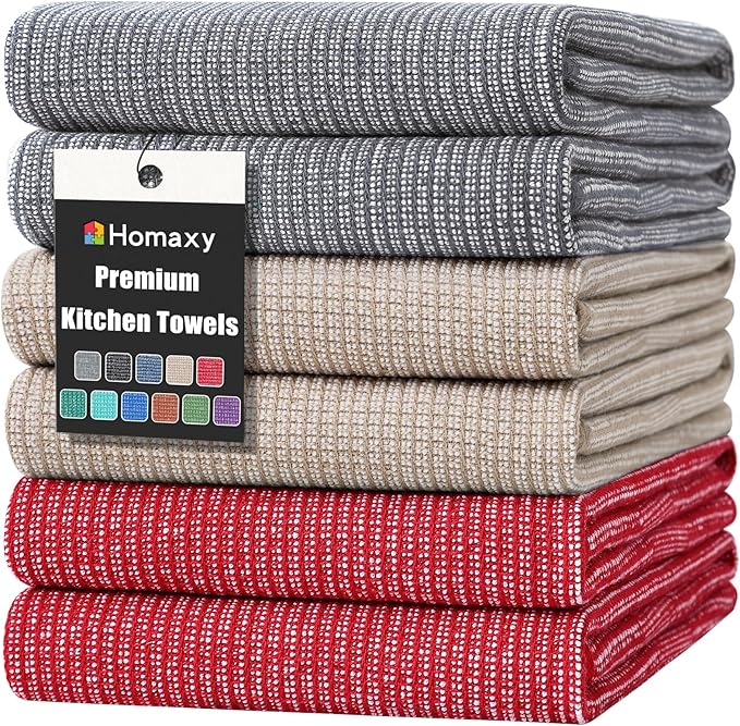 Homaxy Premium Kitchen Towels(18”x 28”, 6 Pack), Large Cotton Kitchen Hand Towels, Flat and Terry Dish Towels, 380 GSM Highly Absorbent Tea Towel Set with Hanging Loop, Red/Grey/Khaki