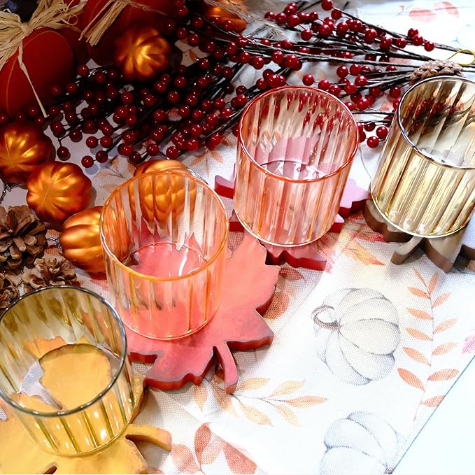 Fall Glassware Set of 4 14oz Ribbed Drinking Glasses for Autumn Table Décor Cozy Gatherings Thanksgiving Centerpiece in Warm Autumn Tones Perfect Hostess Gift