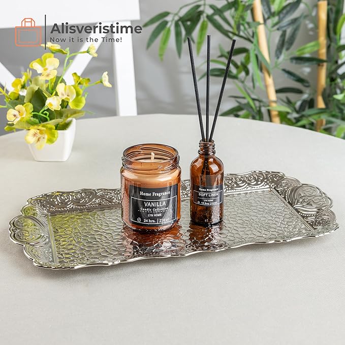 Alisveristime Small Ornate Metal Serving Tray – Ottoman Motif Decorative Tray (14.2" x 7.1", 10.8 oz) (Silver)