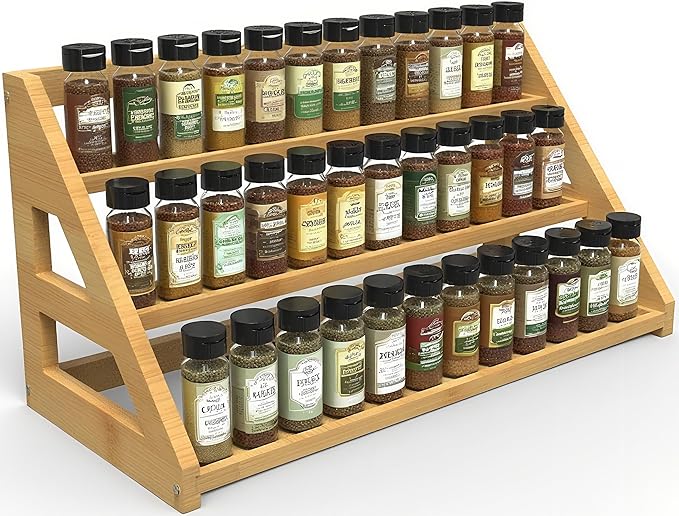 Bamboo Spice Rack: Large Spice Shelf for Kitchen Countertop Pantry Cabinet Organizer, Holds 24 Spice Jars (1.8")