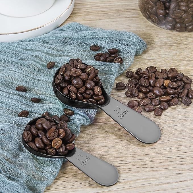 Stainless steel coffee scoop 2-piece set (1 tbsp, 2 tbsp) durable Tablespoon, ergonomic measuring spoon, Suitable for small and large jars，short-handled spoon (Black)