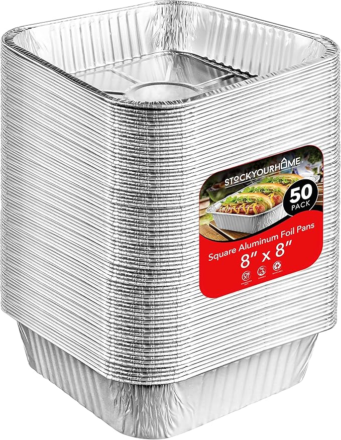 Stock Your Home 8x8 Foil Pans (50 Pack) 8 Inch Square Aluminum Pans - Foil Pans - Disposable Food Containers Great for Baking Cake, Cooking, Heating, Storing, Prepping Food