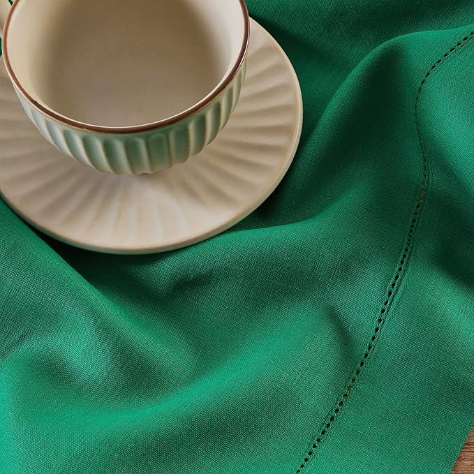 Solino Home Linen Emerald Green Hemstitch Table Runner 60 Inches - 100% Pure Linen Small Table Runner 14 x 60 Inch Ideal for Dresser and Coffee Tables - Classic Hemstitch