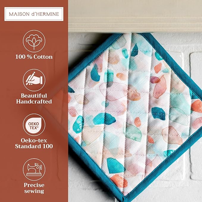 Maison d' Hermine Pot Holders 100% Cotton Heat Resistant Potholders 8" x 8" Hot Pads with Loop BBQ, Cooking, Baking, Grilling, Kitchen, Handling Hot Pans Spring/Summer (Pack of 1, Summer Picnic)