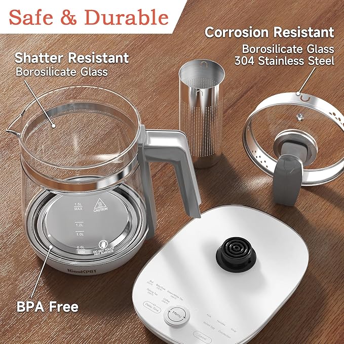 Hot Electric Kettle with Tea Infuser and Temperature Control, 1.5L Stainless Steel Tea Maker & 1200W Rapid Boiling, Programmable Control for Coffee and More, White