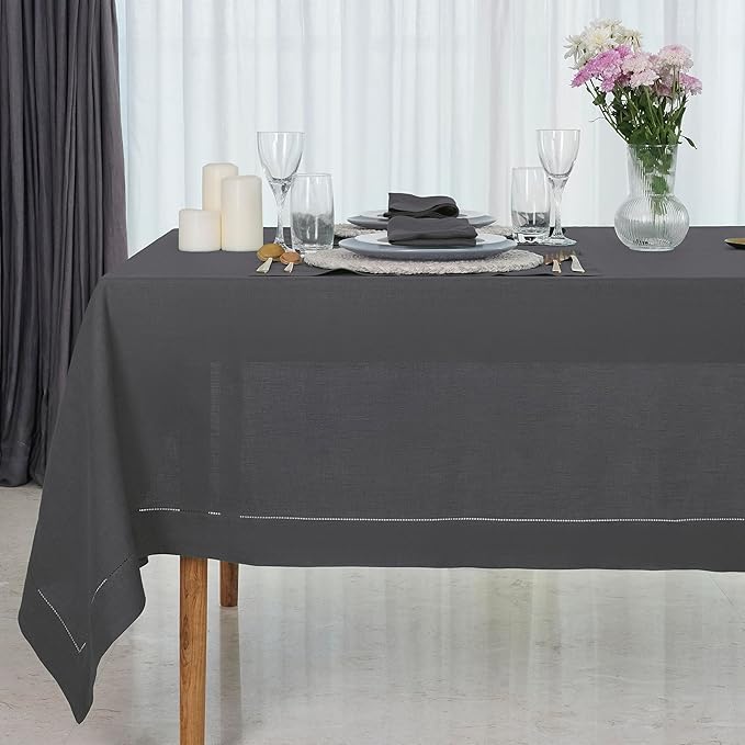 D'Moksha Homes Charcoal Grey Linen Tablecloth 60 x 120 Inch - 100% Pure Linen Hemstitch Tablecloth for Rectangle Tables - Classic Hemstitch, Machine Washable Table Cloth for Summer, Fall and Halloween