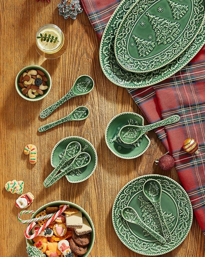 Christmas Tree Spoons, Ceramic Small Serving Spoons for Soups, Cereal, Ice Cream, Condiments, Dips, Charcuterie Boards, Dishwasher & Microwave Safe, Green, Set of 6