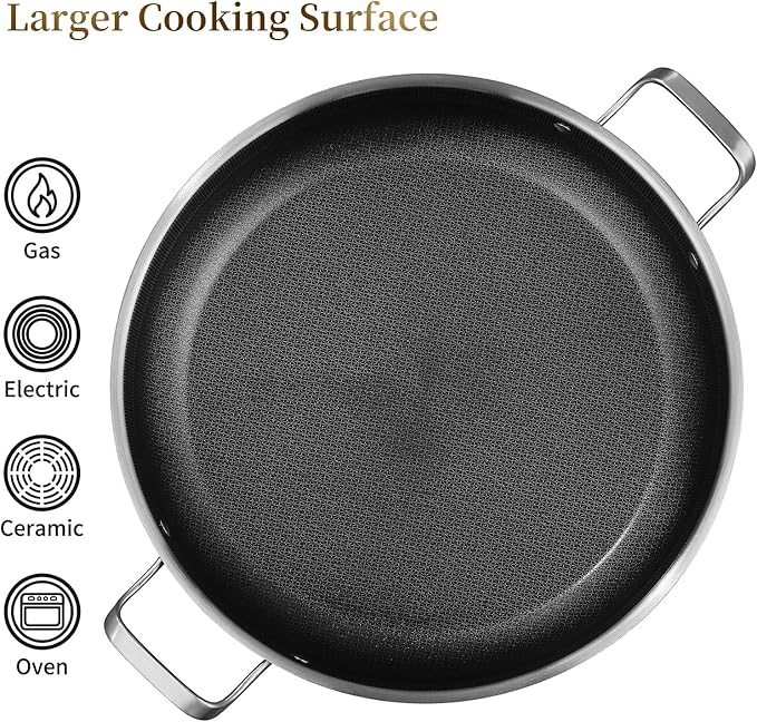 DELARLO Nonstick Paella Pan With Lid 14 Inch, Tri-Ply Stainless Steel Large Skillet, Everyday Pan, Fast & Even Heating Induction Cooking Pan, Dishwasher and Oven Safe, Heavy Duty Style