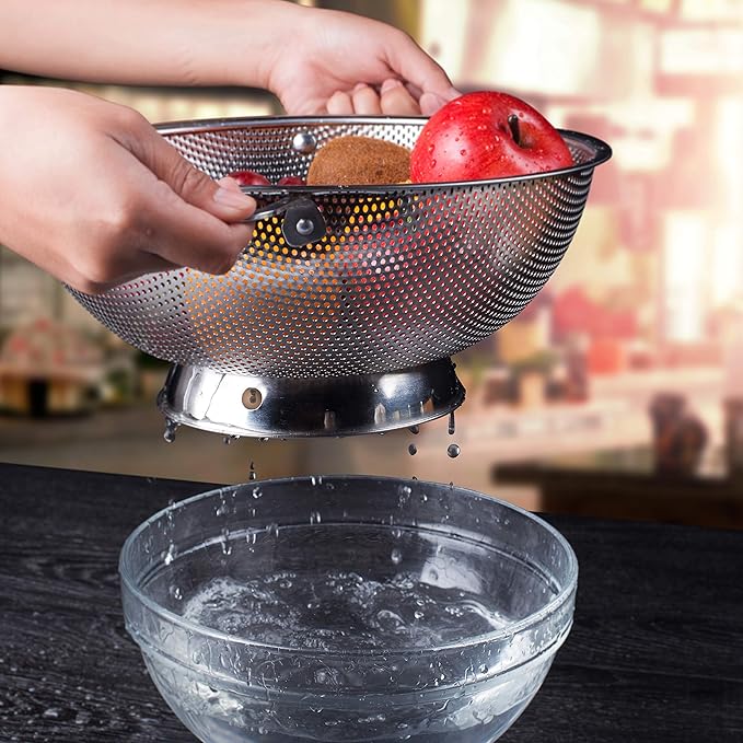 Stainless Steel Micro-Perforated 5-Quart Colander - Professional Strainer with Heavy Duty Handles and Self-draining Solid Ring Base - Dishwasher Safe