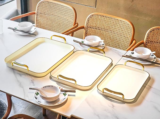 Serving Tray with Handles Set of 3 Rectangular Large Serving Platters 16.5/14.9/13.2 Inch White Plates for Dinner, Party, Entertaining, Cream Gold
