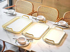 Serving Tray with Handles Set of 3 Rectangular Large Serving Platters 16.5/14.9/13.2 Inch White Plates for Dinner, Party, Entertaining, Cream Gold