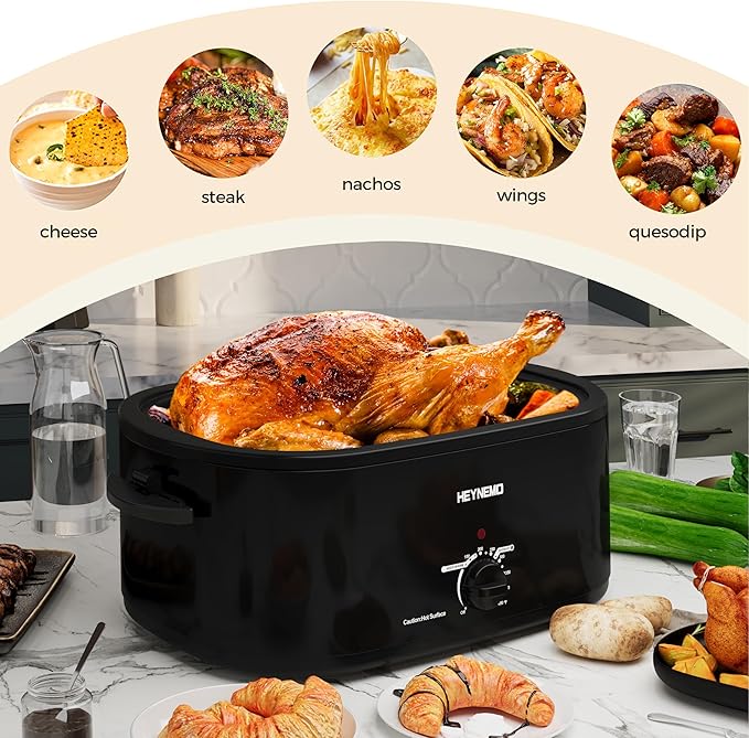 Roaster Oven 28 Quart, Electric Roaster Pan with Visible & Self-Basting Lid, Large Stainless Steel Electric Turkey Roaster Oven Defrost Warm Function, Removable Pan Rack, Fits Turkeys Up to 30LB Black