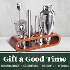 Mixology & Craft Bartender Kit: 10-Piece Cocktail Shaker Set with Dark Bamboo Stand | Complete at Home Bar Set with Bar Accessories | Great Housewarming Gift | Leak-Proof Design (Silver)