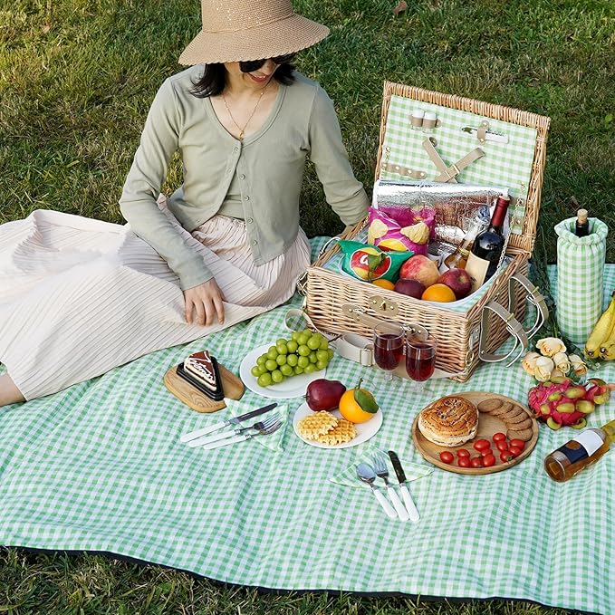 Picnic Basket for 2, Insulated Willow Picnic Baskets with Shoulder Strap, Picnic Hamper with Waterproof Picnic Blanket, Handmade Wicker Hamper for Outdoor Camping, Green Check