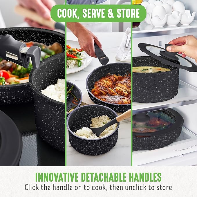 GreenLife 10 Piece Nonstick Pots & Pans Set, Detachable Handle & Stackable Cookware Set, Non Toxic PFAS-Free Skillets, Induction Kitchen Pans, Space Saving, Serving Bowls, Oven Safe, Granite Black
