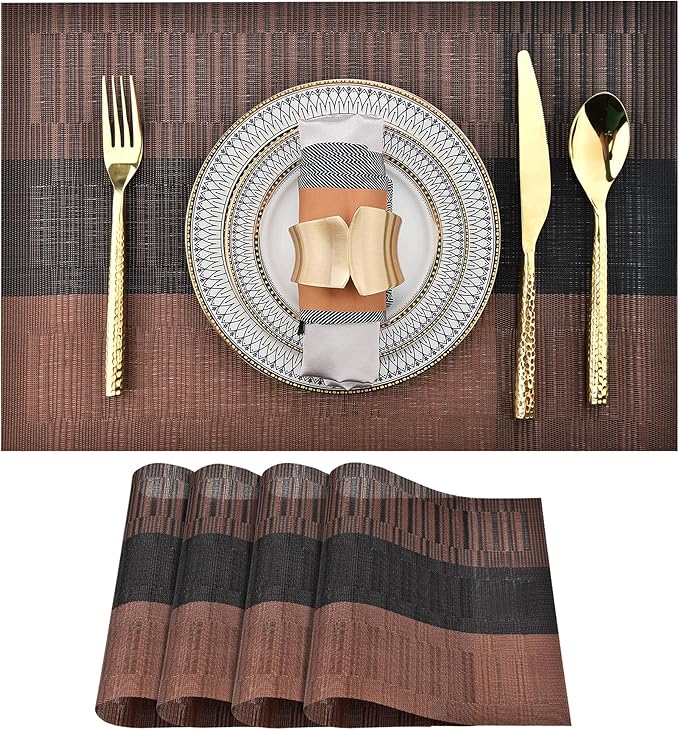 Brown Placemats Set of 4 - Easy Clean Modern Durable Washable Vinyl Place Mats - Heat Resistant Placemats for Kitchen Table - PVC Table Mats for Dining Table (Brown Black, 4)