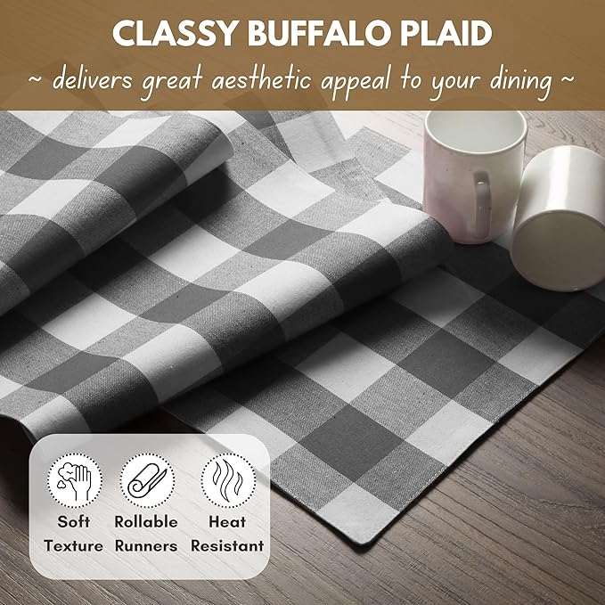 Native Fab Table Runner Buffalo Check Plaid 100% Cotton - 13x72 Inches Kitchen Dining Table Decoration for Indoor Outdoor Farmhouse Home Party Decor - Grey and White